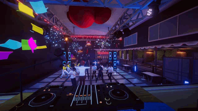 people are dancing in a room with a dj 's controller that says ' pioneer ' on it