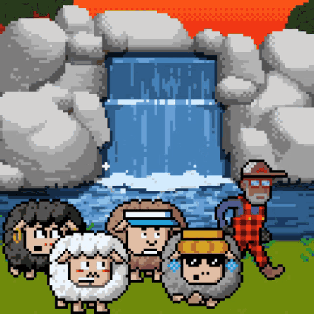 a group of sheep and a man in front of a waterfall