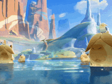 a group of animals floating in a body of water with mountains in the background