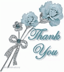 a thank you card with blue roses and a brooch