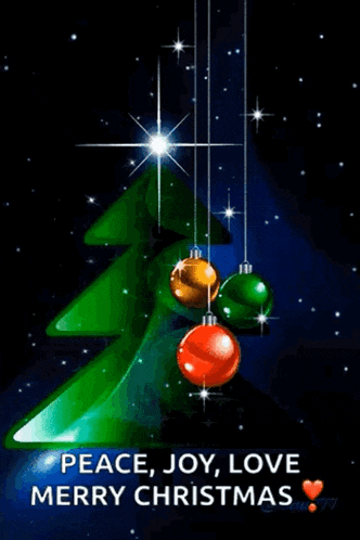a christmas tree with decorations hanging from the ceiling and the words peace joy love merry christmas