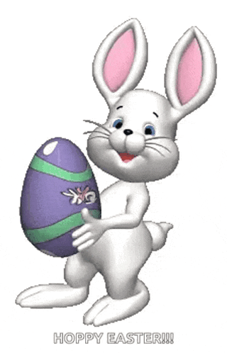a cartoon easter bunny holding a purple egg with the words hoppy easter written below it
