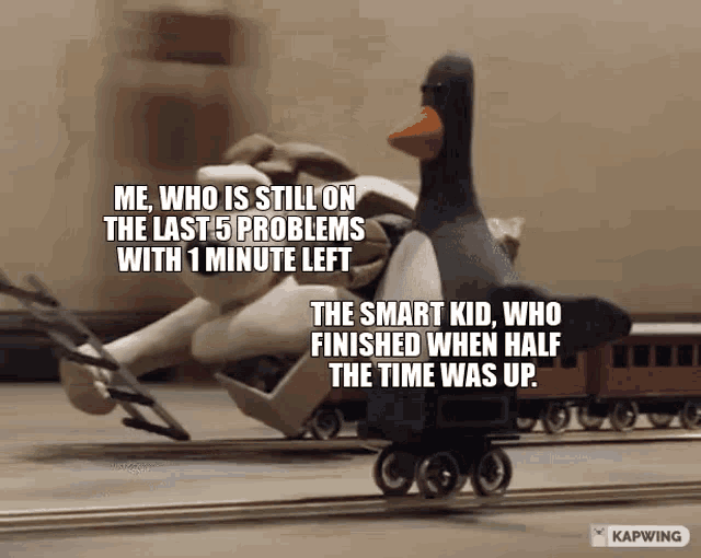 a penguin is riding a train with a caption that says me who is still on the last 5 problems