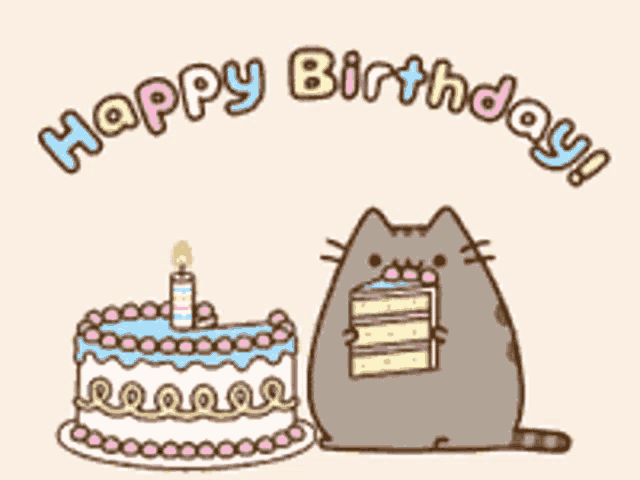 a cat is holding a piece of cake next to a birthday cake with a candle