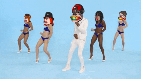 a group of women in bikinis and a man in a monkey mask