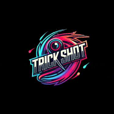 a colorful logo that says trick shot on a dark background