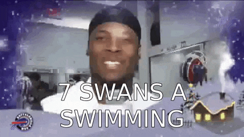 a picture of a man with the words " 7 swans a swimming " on the bottom