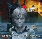 a video game character named rebecca chambers is talking to someone .