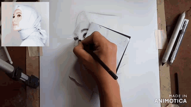 a person is drawing a picture of a woman with a hijab