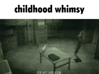 a video of a person walking in a dark room with the words childhood whimsy above them