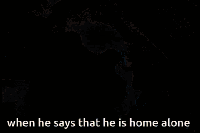 a blurry picture of a person with the words " when he says that he is home alone "
