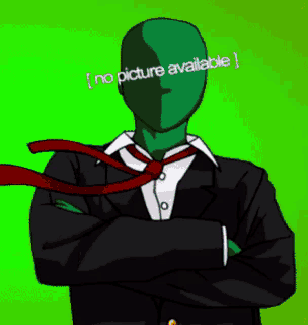 a cartoon of a man in a suit and tie with the words " no picture available " above him