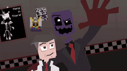 a cartoon of a man and a purple monster with a sign that says " hang in there "