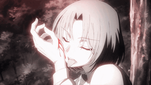 a girl with white hair is licking her hand with blood