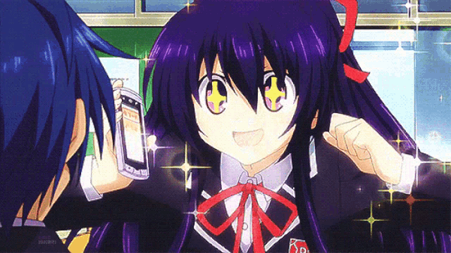 a girl with purple hair and a red bow holds a cell phone in her hand