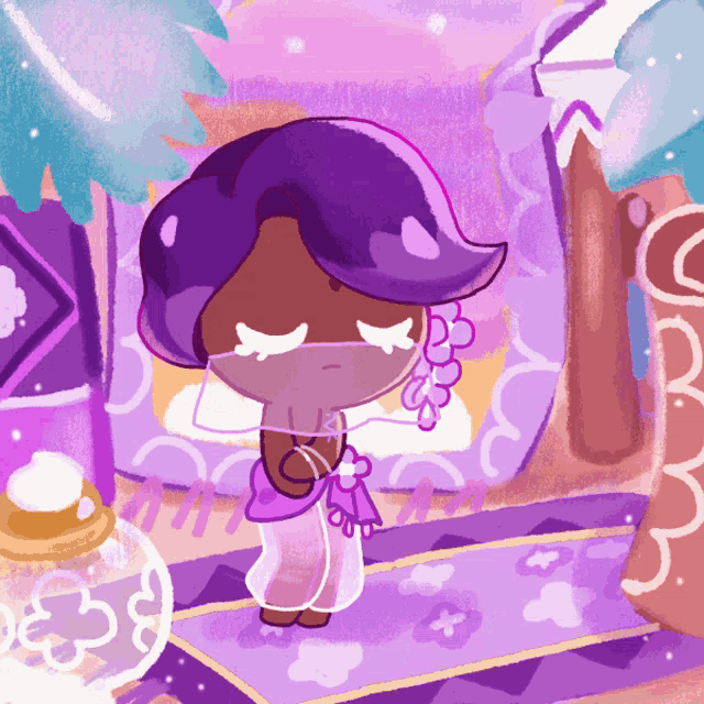 a cartoon character with purple hair is standing on a rug