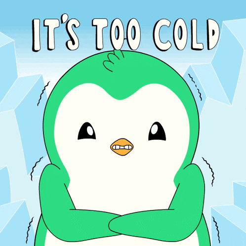 a green and white penguin with its arms crossed and the words it 's too cold above it