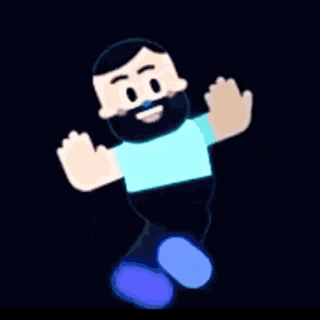 a cartoon of a man with a beard and blue shoes is running .