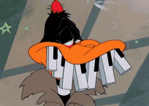 a cartoon of a duck holding a piano keyboard