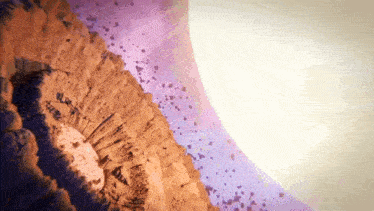 a painting of a rocky landscape with a purple circle in the middle