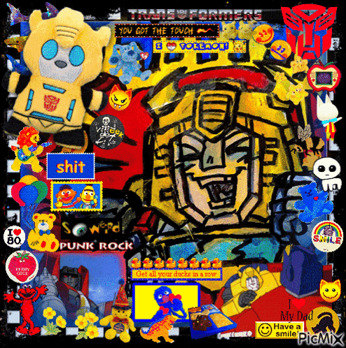 a picture of a transformer surrounded by stuffed animals and a sign that says " you got the tough "