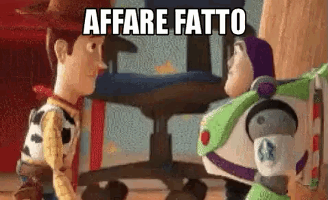 woody and buzz lightyear from toy story are standing next to each other in front of a chair .