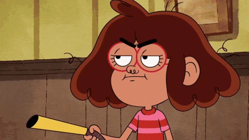 a cartoon character with glasses is holding a yellow stick