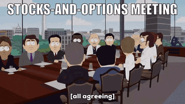 a group of people sitting around a table with the words stocks-and-options meeting above them