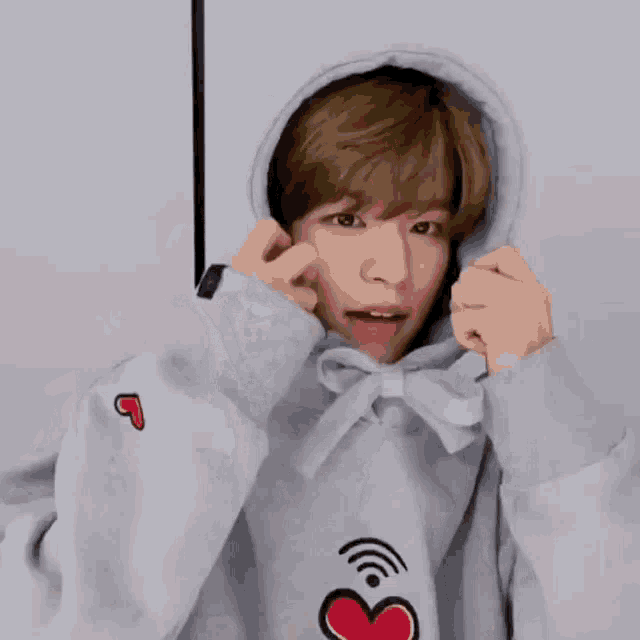 a young man wearing a grey hoodie with a red heart embroidered on it