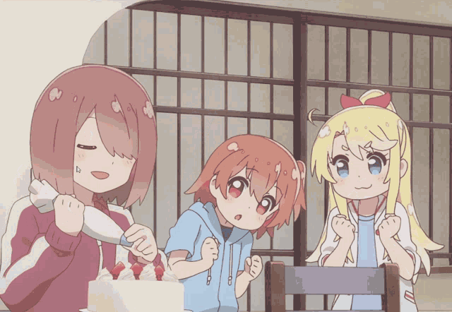 three anime girls are standing around a cake with strawberries on top