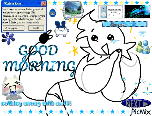 a drawing of a cat says good morning