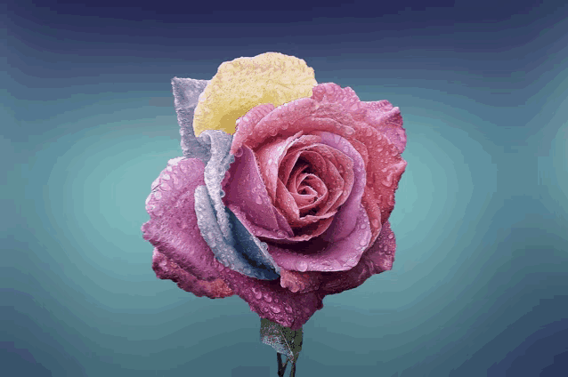 a colorful rose with water drops on it 's petals
