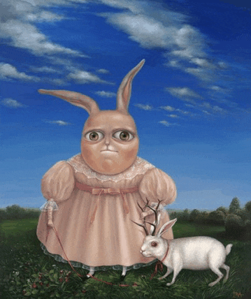 a painting of a rabbit in a pink dress standing next to a white rabbit