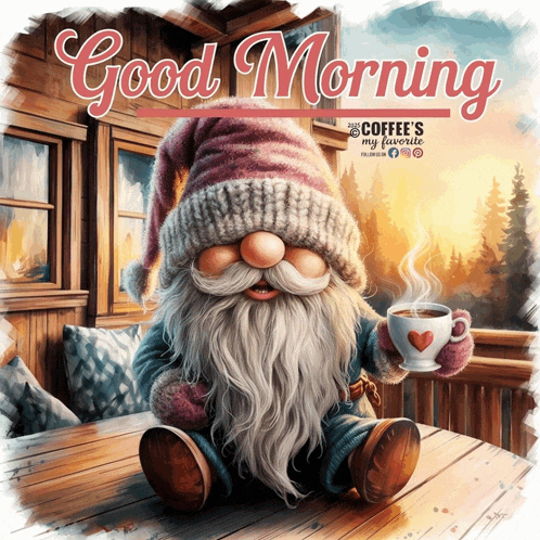 a gnome is sitting at a table holding a cup of coffee and says good morning on the bottom