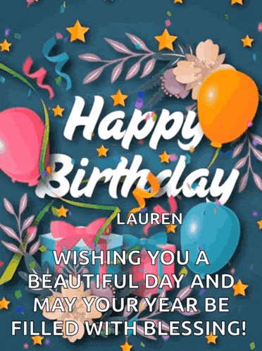 a birthday card for lauren with balloons and confetti