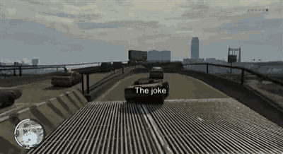 a video game screen shows a car driving down a highway and says the joke