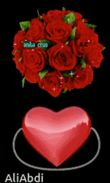 a bouquet of red roses sits next to a heart with the name aliabdi on it