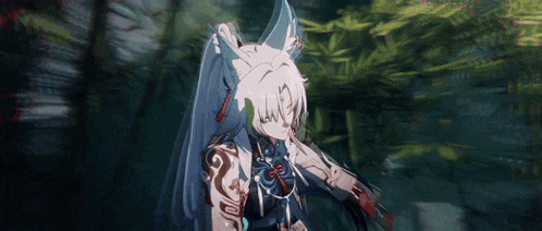 a cartoon character with white hair and blue ears is standing in a forest .