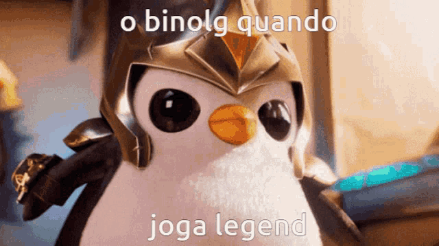 a penguin wearing a helmet with the words o binolg quando joga legend