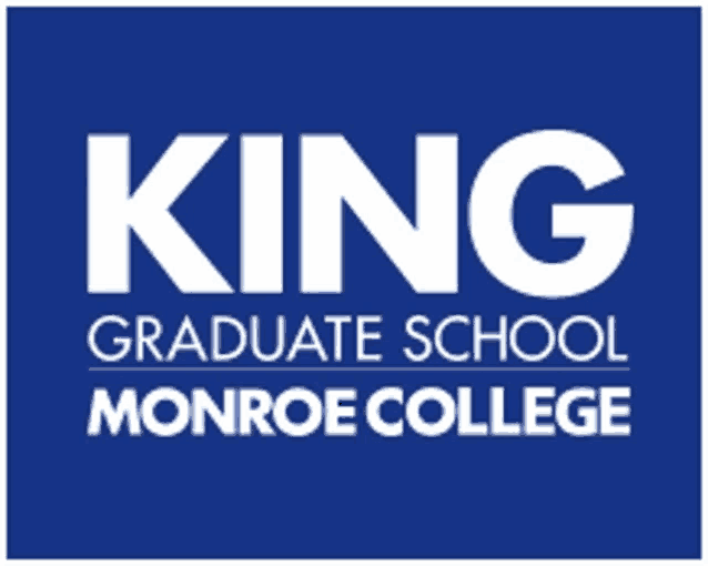 the logo for king graduate school monroe college is blue and white