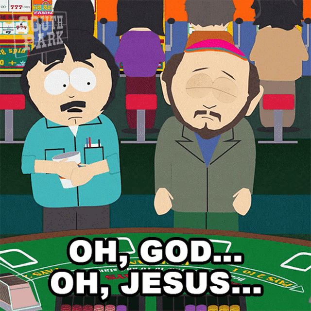 a cartoon character says oh god oh jesus in a casino