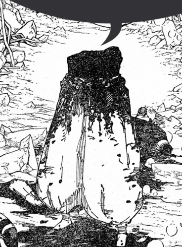 a black and white drawing of a rock with a speech bubble
