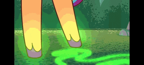 a close up of a cartoon character 's legs with a green glowing trail behind them