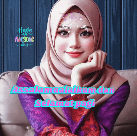 a woman wearing a hijab is sitting on a couch with the words have an awesome day above her