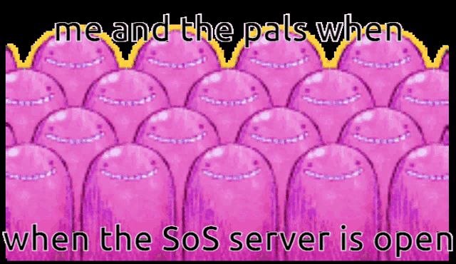a bunch of pink balloons with smiley faces on them and the words me and the pals when when the sos server is open