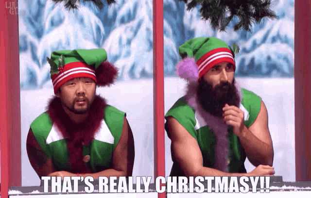 two men dressed as elves are standing next to each other and one of them says that 's really christmasy !!