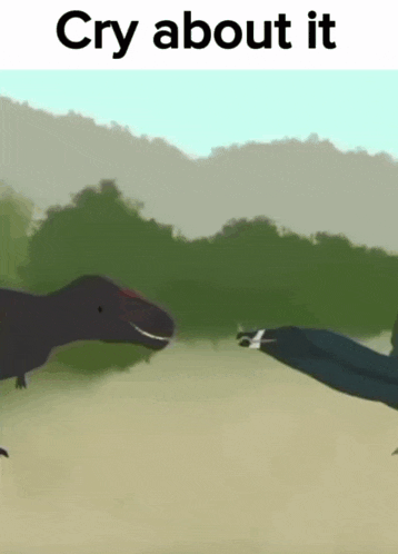 two dinosaurs are standing next to each other with the words cry about it on the bottom