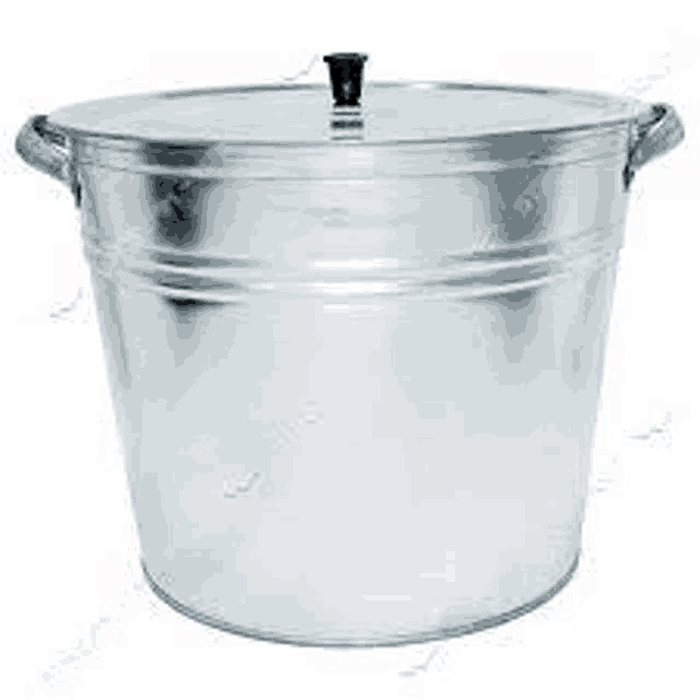 a large metal bucket with a lid and handles .
