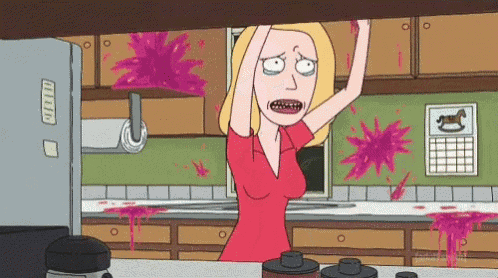 a woman in a red shirt is standing in a kitchen with purple liquid coming out of the cabinets .
