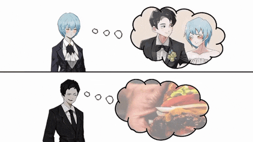 a man in a suit and tie is thinking about a bride and groom and a hamburger